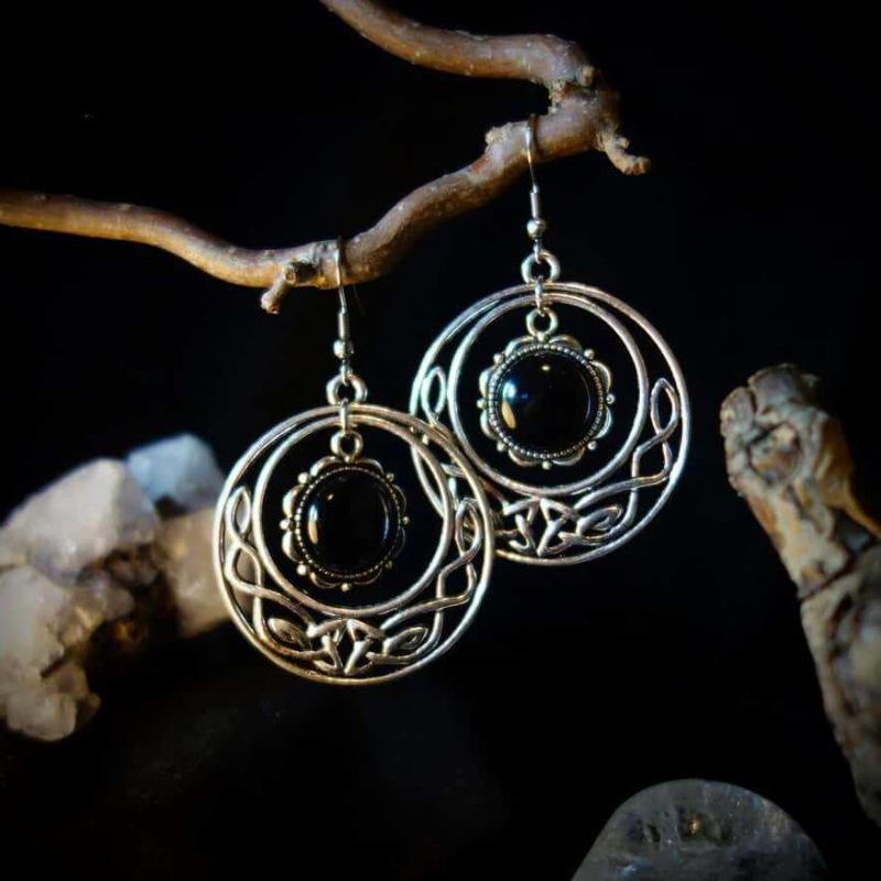 Gothic Pagan Celtic Knot Witchcraft Earrings in Black and Silver Victorian Design