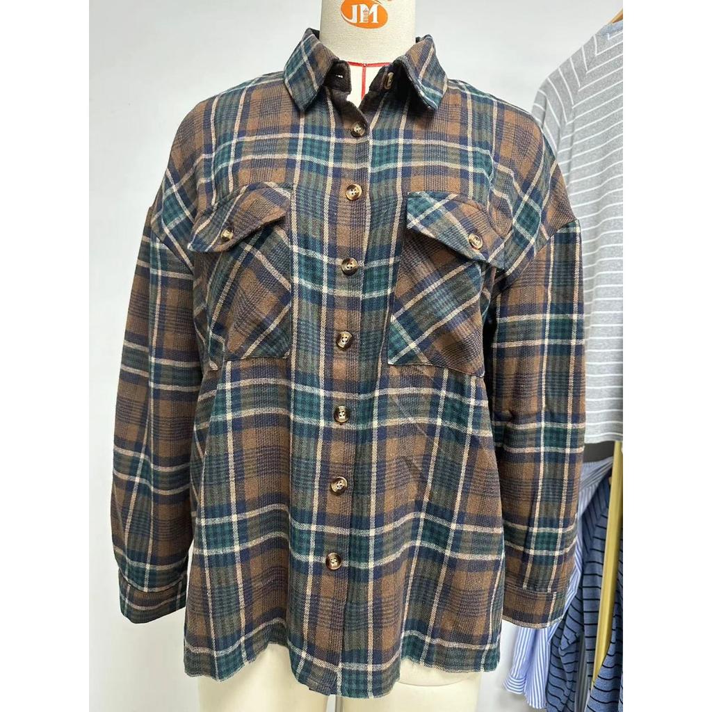 Women's Loose Long Sleeve Plaid Turn-down Collar Pocket Shirt  Autumn Winter New Arrival, Casual Blouse Top for Women, Ready to Ship
