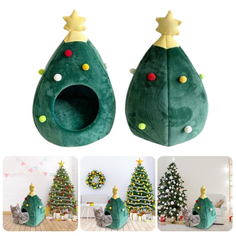 Christmas Tree Cats Bed For Small Dog Cats Warm Plush Indoor Retreat House With Detachable Cushion for Pet Rest and Sleep