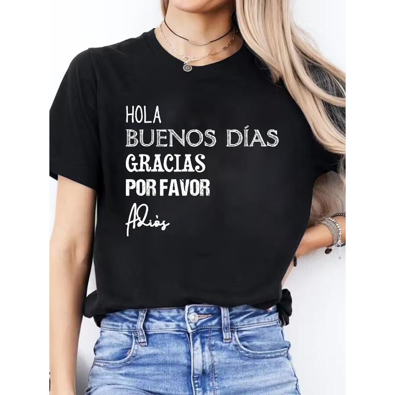 Women's Spanish Alphabet & - Letter Print T-Shirt - Spanish Language Learning, Casual Round Neck Short Sleeve Blouse
