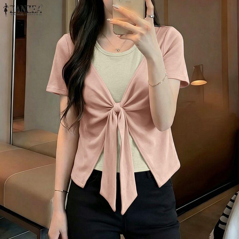 ZANZEA Women Casual Round Neck Short Sleeve Summer Patchwork Blouse