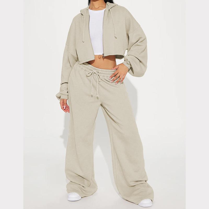Damski Różowy Casualowy Krótki Top z Kapturem Szerokie Spodnie Dres