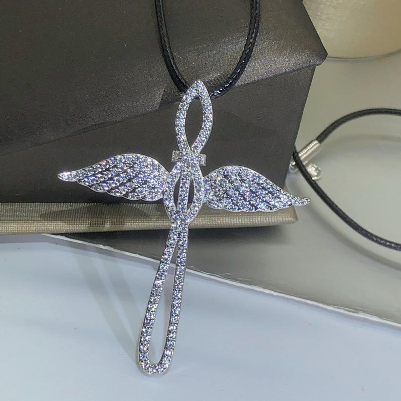 

925 Sterling Silver Fashion Angel Cross Pendant Necklace For Ladies Double Wings Party Birthday Jewelry Gift белый