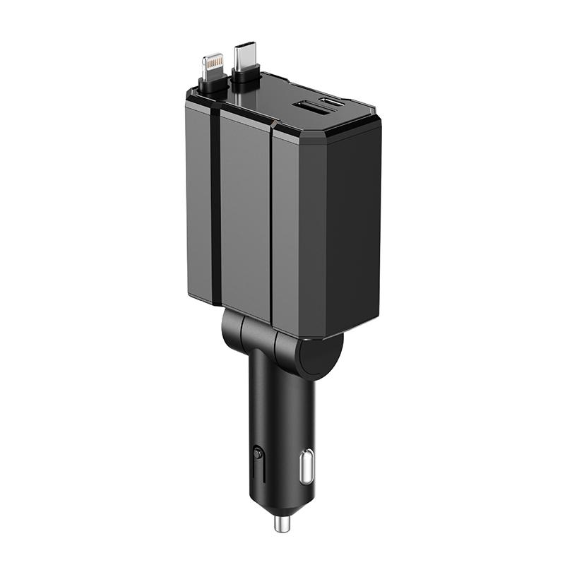 

120 Вт Выдвижное автомобильное зарядное устройство 4 в 1 Сверхбыстрая зарядка Автомобильное зарядное устройство для телефона с 2 USB-портами Адаптер автомобильного зарядного устройства для iPhone Samsung 17CM чёрный