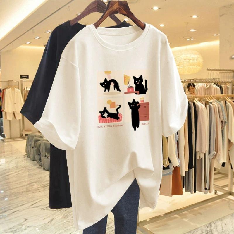 Cartoon Short-sleeved T-shirt Women's Summer New Large Size Loose Medium and Long Half-sleeved T-shirt Pure Cotton Top Bottoming Shirt