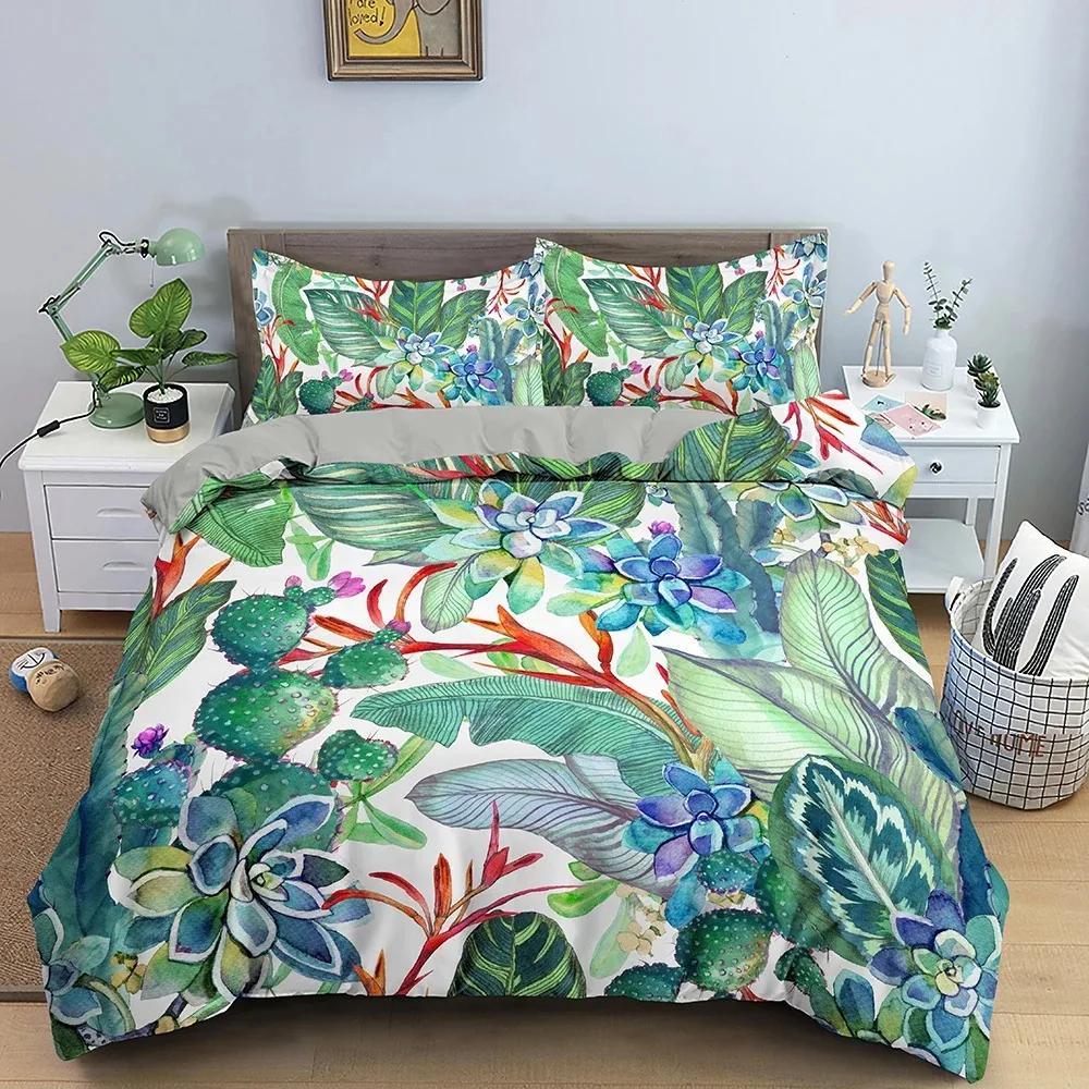 Tropical Flower Leaf Duvet Cover King Queen Colorful Vintage Floral Bedding Set for Adults Women Boho Polyester Comforter Cover