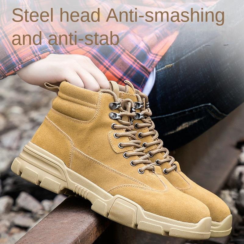Heren Anti-Verplettering en Anti-Penetratie Hoge Suede Koeienhuid Bouwplaats Schoenen Buiten Staalneus Veiligheid Arbeidsbeschermingsschoenen 45 black