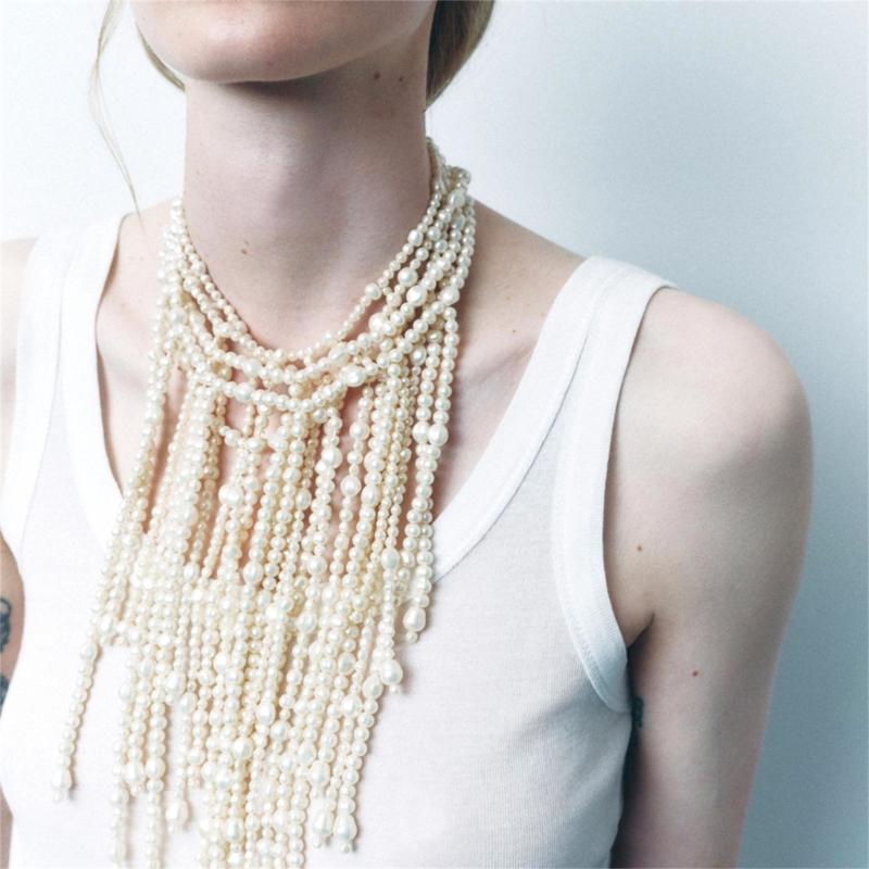 Stylish Beaded Collarbone Chain Faux Pearls Strand Necklace Adjustable Length Jewellery Piece For Versatile Styling