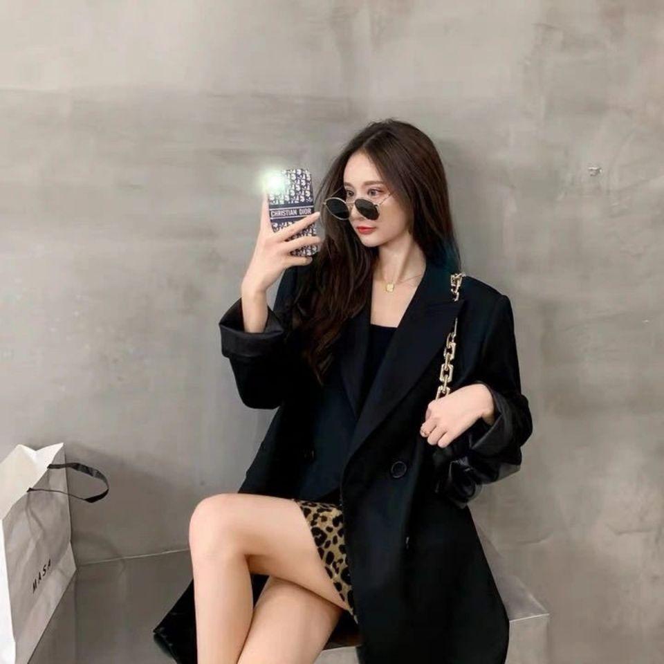 Women's Trendy Khaki & Black Loose Suit Top - Slimming Korean Style for Spring/Autumn