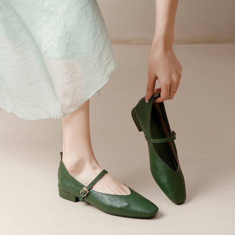 Kožené babičkovské boty na silném podpatku s páskem Mary Jane, francouzská čtvercová špička, dámské boty na středním podpatku, nové jarní a podzimní univerzální dámské boty