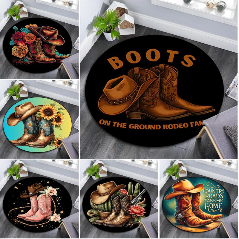 1Pc Cowgirl Boots Hat Circular Print Rug - Home Decoration Carpet For Living Room Bedroom Flooring Computer Chair Area Rug