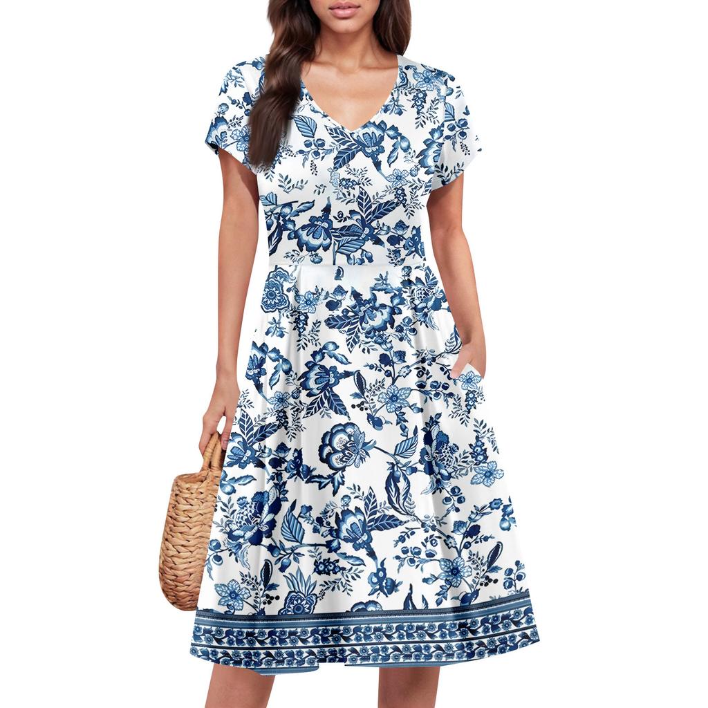 Damek sommerkjole Kortermet V-hals Korte kjoler Mote Casual Flytende A-linje Sving Solkjole med lomme