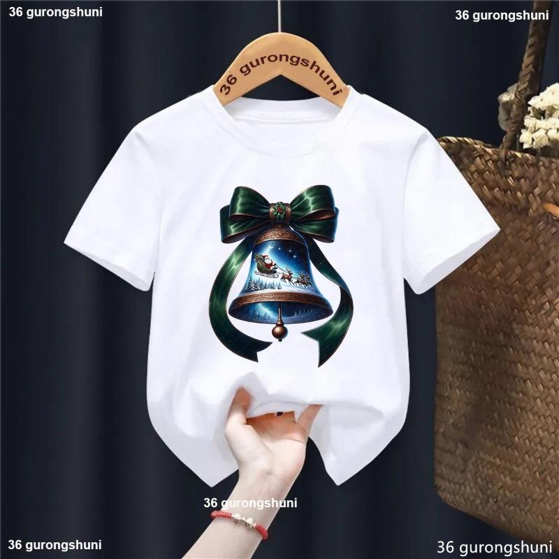 Xmas Gift Kids Clothes Christmas Bell Santa Claus Rides Reindeer Printed T Shirt For Girls/Boys Funny Solid T-Shirt Tops