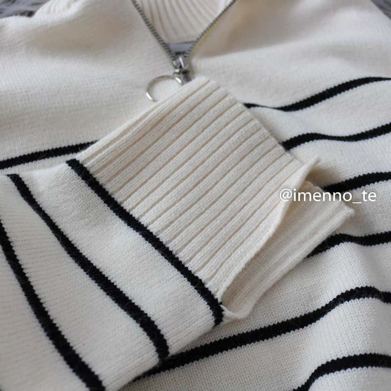 Sweaters Women Fashion Stripe Loose Zipper Knitting Sweaters Vintage Long Sleeve Female Pullover
