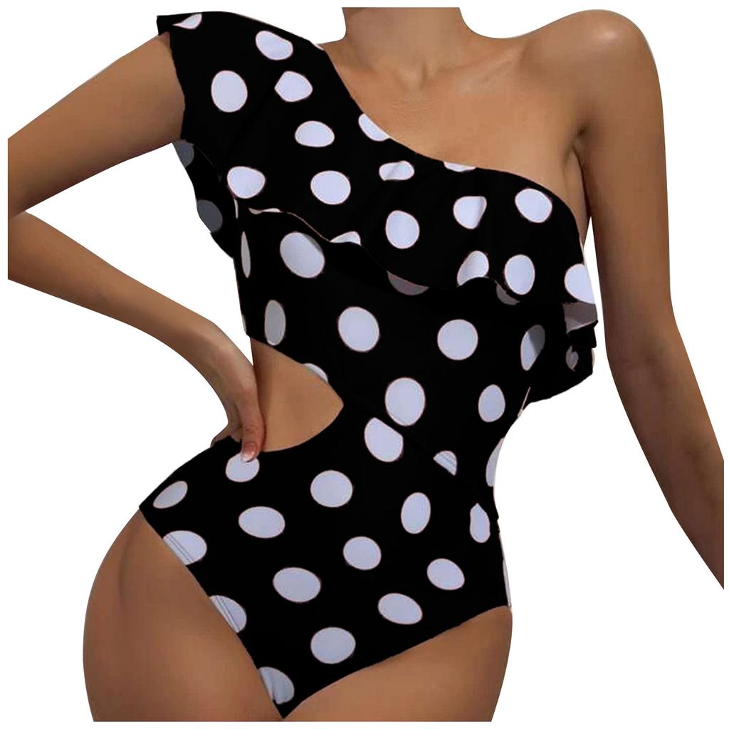One Shoulder Polka Dot Ruffle Swimsuit Cutout One Piece Swimwear Beachwear Bathing Suit for Women