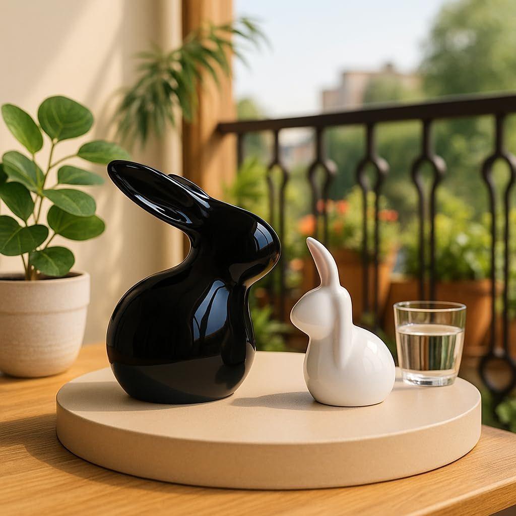 Home Decor Ceramic Rabbit Figurines (Set of 2, Black and White)