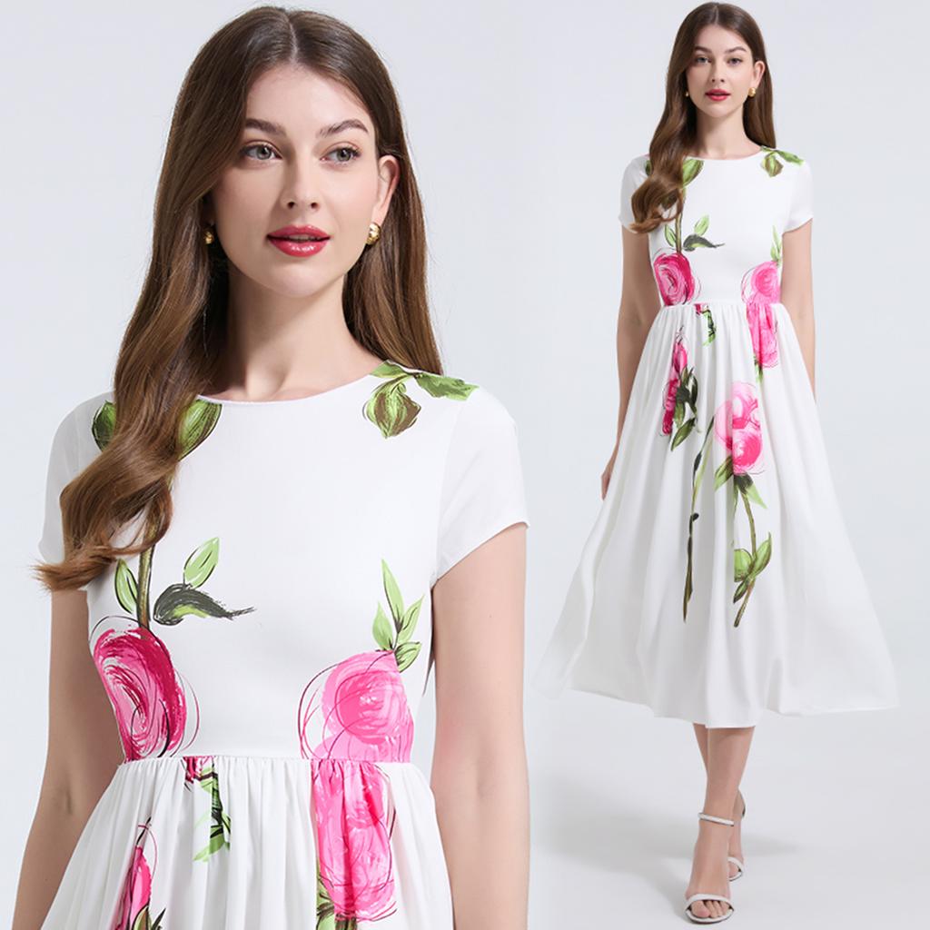 Summer Women Vintage Print Long Midi Elegant Party Dresses