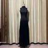Hollow Out Mesh Maxi Dress High Collar Slim Fit Long Sleeve Robe High Waist Pleated Party Dresses New Lady Fashion Clothing