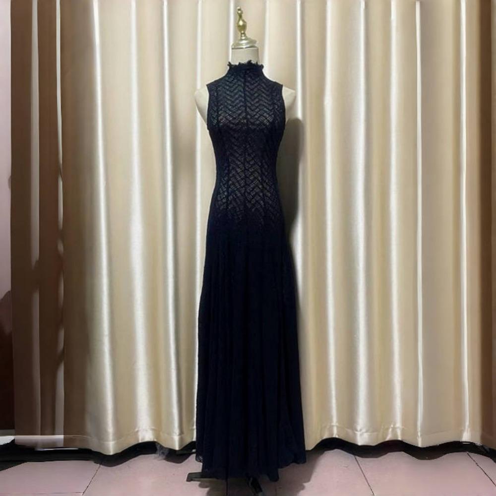 Hollow Out Mesh Maxi Dress High Collar Slim Fit Long Sleeve Robe High Waist Pleated Party Dresses New Lady Fashion Clothing