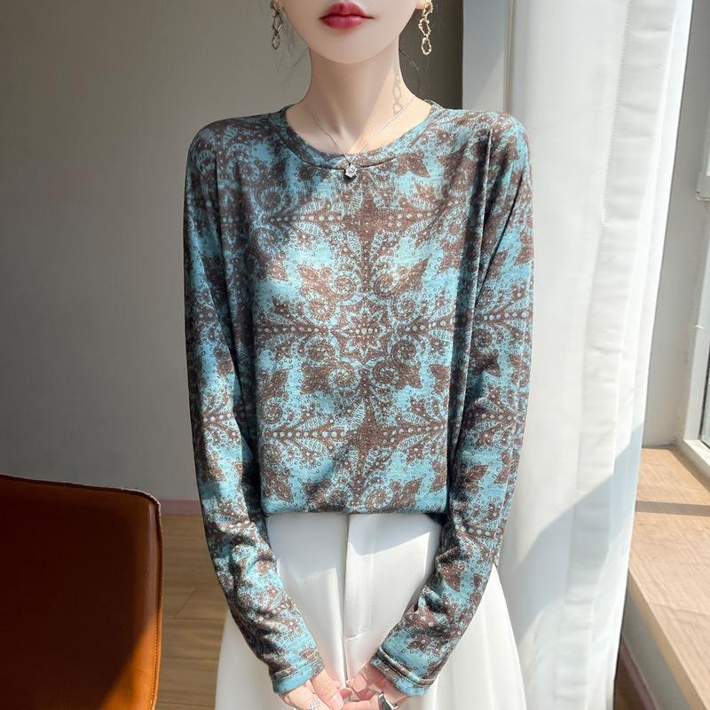 Spring/Summer New Style Round-neck Knitted Sweater Long-Sleeve Women's Printed Multi-color Loose-Fitting Base Layer Shirt