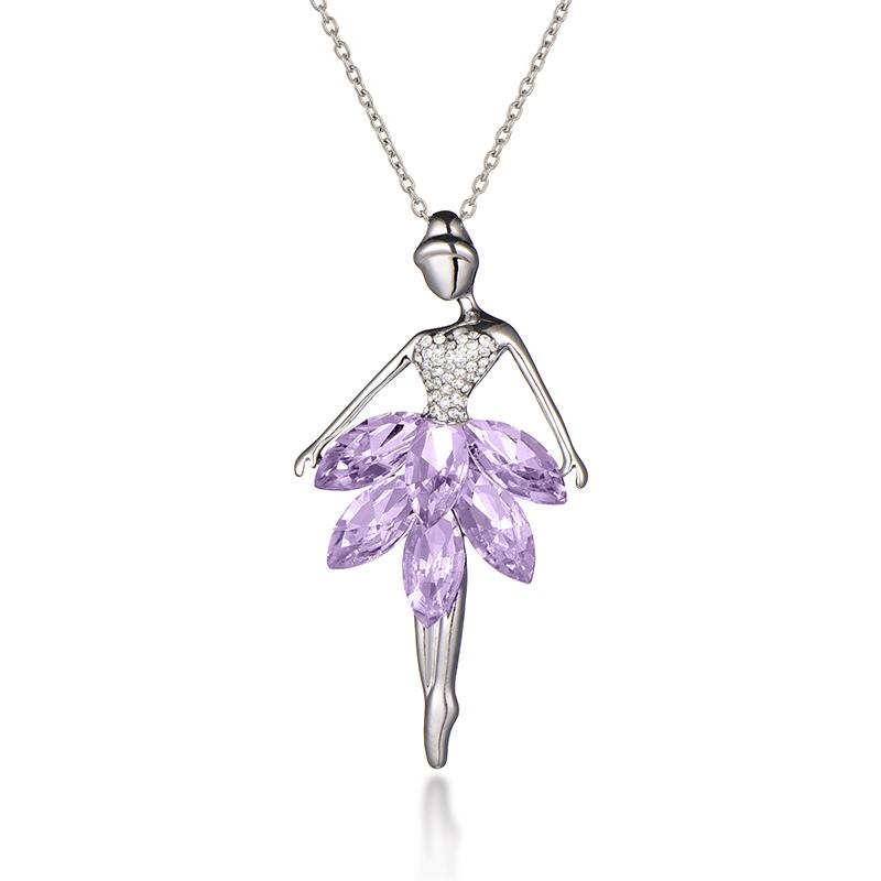 Fashion Purple Crystal Ballet Girl Pendant Necklace Ballerina Dancer Sweater Chain Necklaces For Women