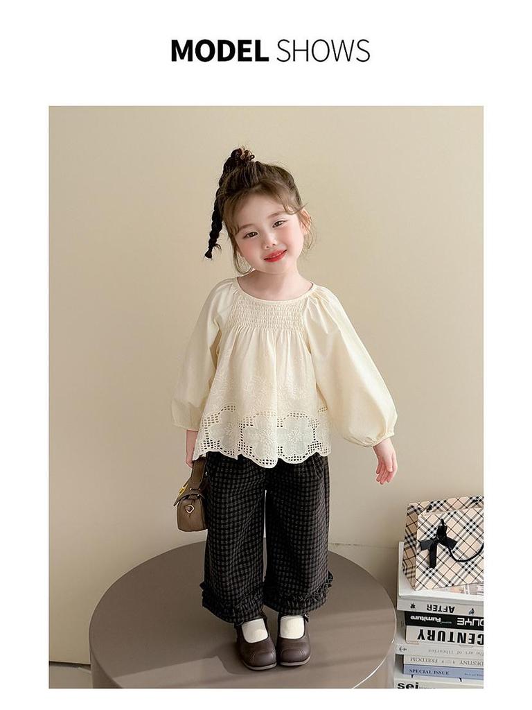 Herbst 2025 Karierte Spitzenhose mit geradem Bein für Mädchen – Stilvolle und vielseitige Freizeitkleidung