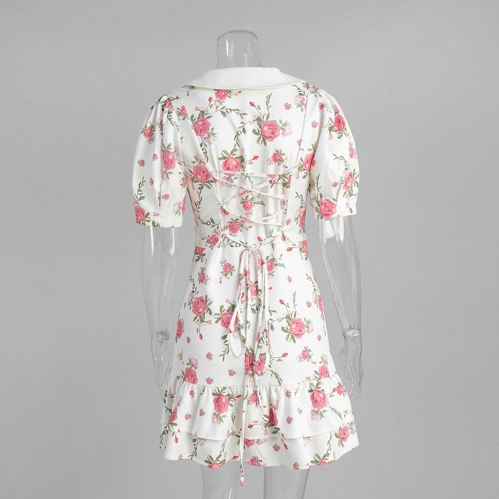LYRIA Print Puff Sleeves Ruffled Dress Women's V-Neck High Waist Pearl Buttons Mini Dress Female Casual Vacation Fashion Dress