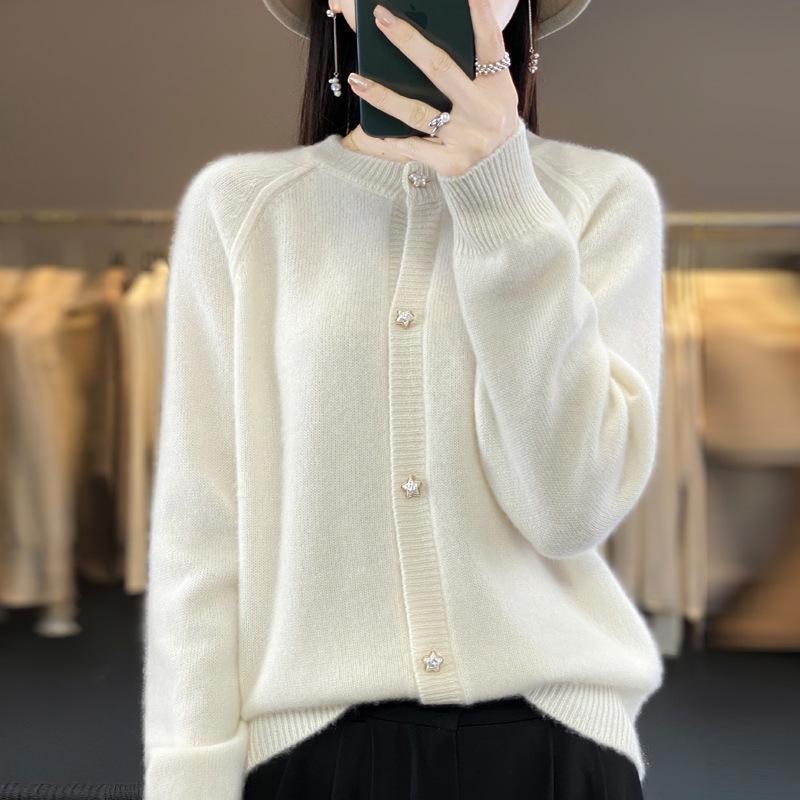 2023 Fall/Winter Women's Wool Cardigan: Stylish Round Neck, Loose Fit, Versatile Knitwear, Long Sleeve Sweater