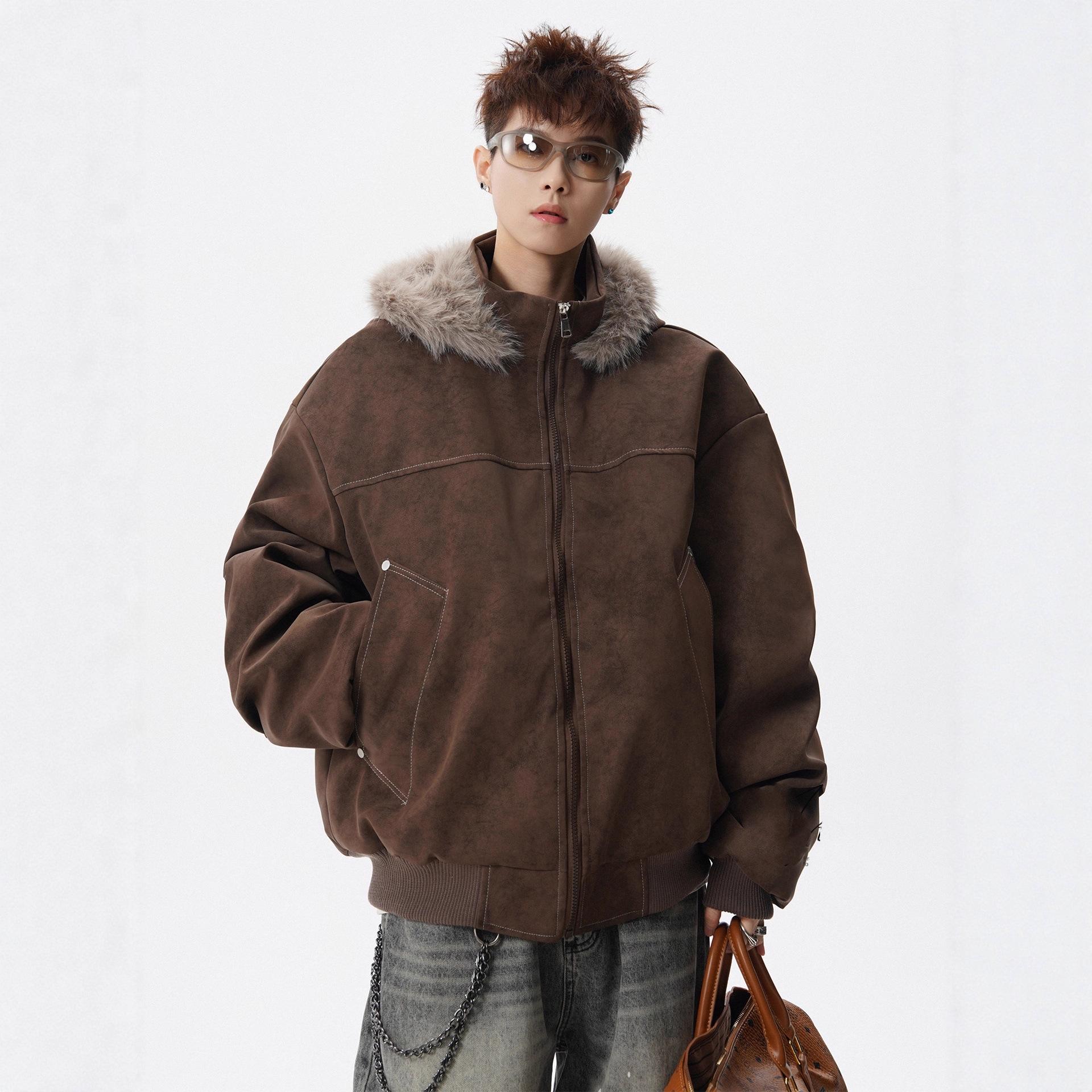 

High Street Vintage Brown Fur Collar Leather Cotton Jacket, Unisex Winter American Style Warm Hooded Coat XL коричневий