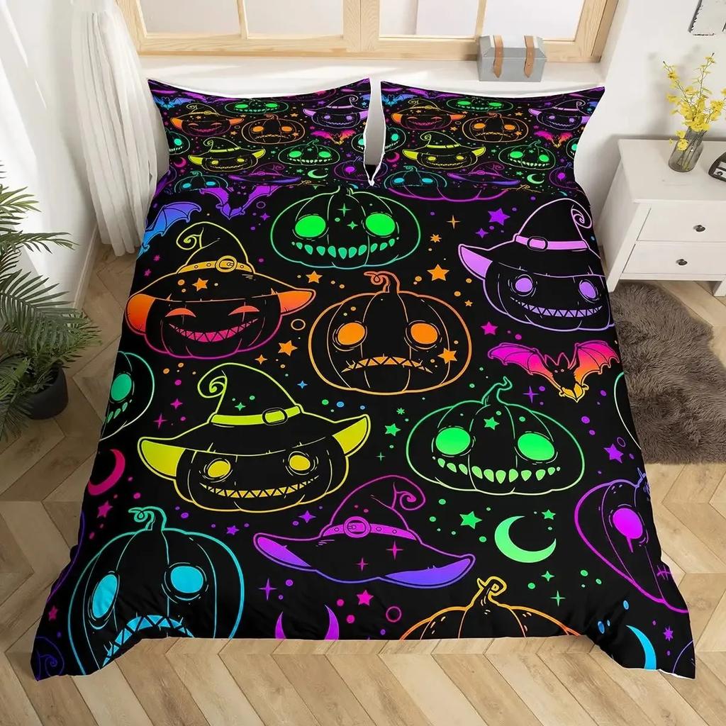 Halloween Duvet Cover Set Gothic Spooky Bedding Sets,Pumpkin Lantern Comforter Cover Horror Ghost Witch Hat Cat Bat Quilt Cover