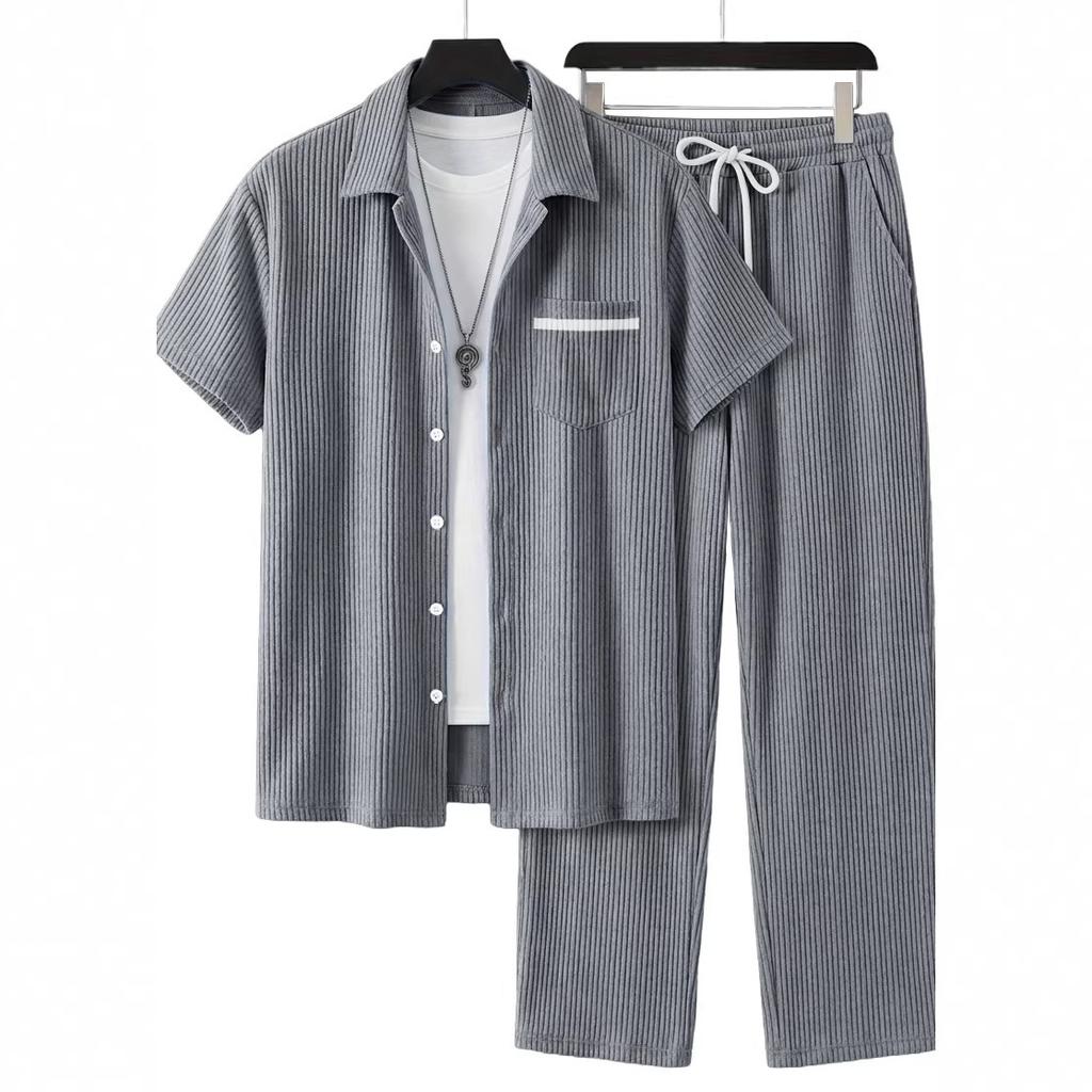 1116 New Solid Color Lapel Set, Men's Loose and Breathable Casual Two-piece Set for Beach Vacation