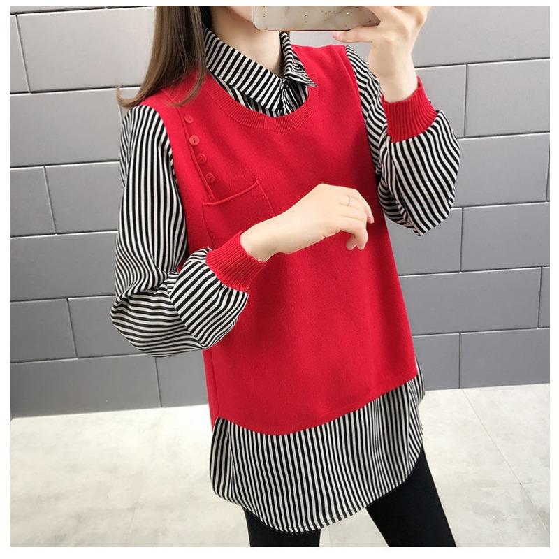Korean Fashion Fake Two Pieces Blouse Women Casual O-neck Long Sleeve Patchwork Tops