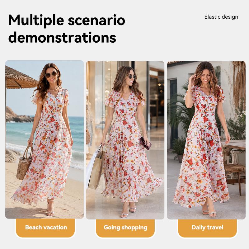 Women's Floral Ruffle Sleeve Maxi Dress V Neck Loose Boho Summer Long Dress