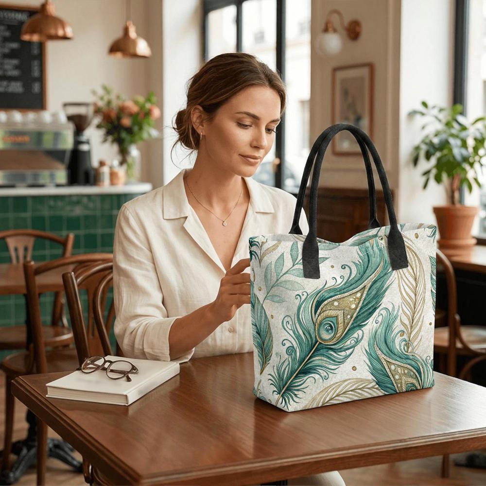 Bohemian Peacock Feather Print Tote Bag Large Capacity Casual Canvas Shoulder Bag for Daily Use