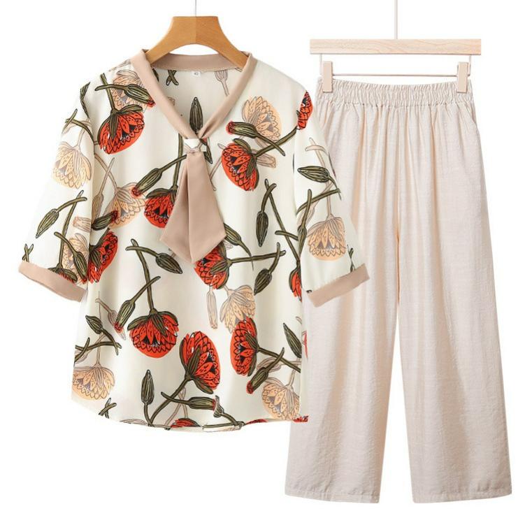 

Mother s Summer Fashion Small Shirt Suit Ladies Western Style Mid-sleeved Blouse Covering Belly Is Thin and Thin 5XL червоний