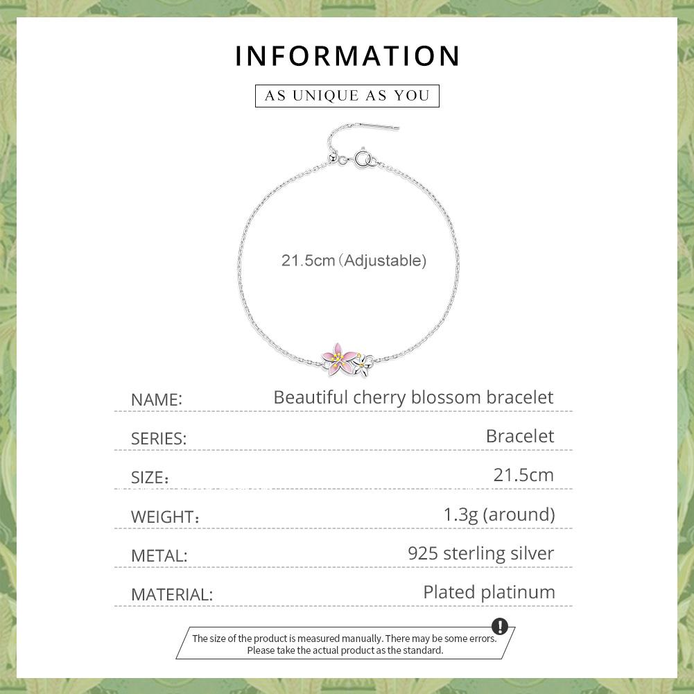 BAMOER 925 Sterling Silver Beautiful Cherry Blossom Bracelet Adjustable Silver Snake Chain Link for Women Fine Jewlery Gift