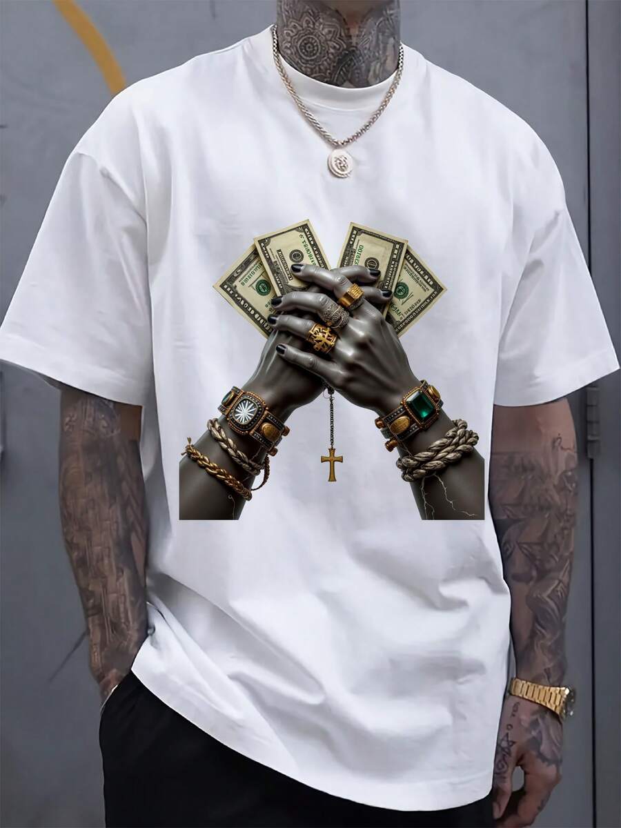 

Unisex s Fashion T-Shirt White Dollar Bill Cross Hands Print Casual Streetwear M