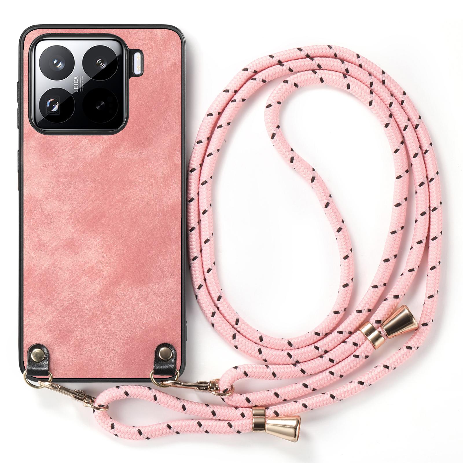 

For Xiaomi 15 Pro Case Retro Texture Leather Coated PC+TPU Phone Cover with Hanging Rope Pink