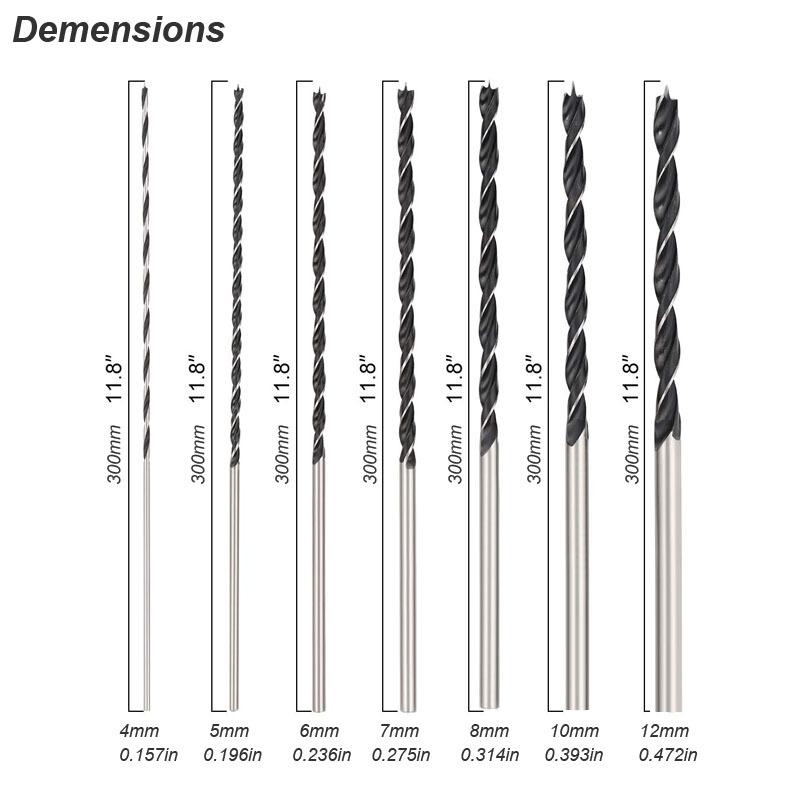 Brad Point Drill Bit Set Extra Long 300mm Center Locator Twist Carbon Steel Woodworking for Hardwood Plywood Plastic Aluminum