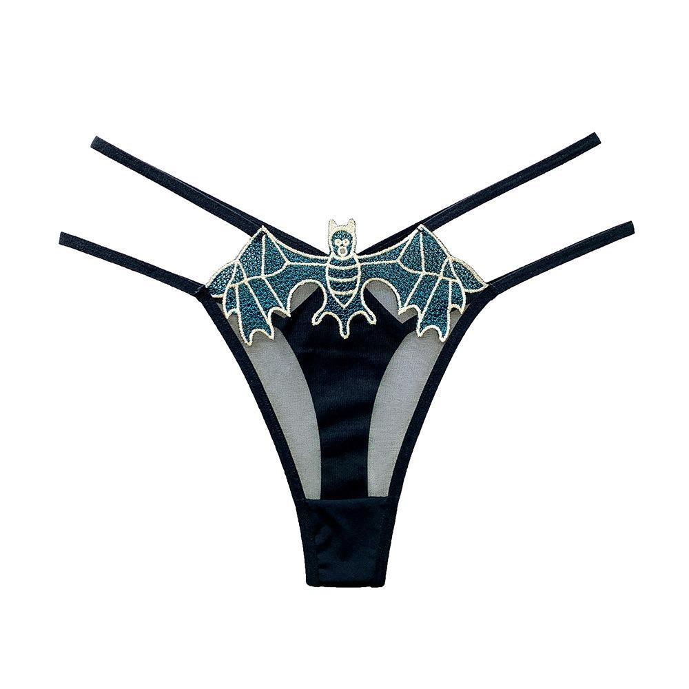 Sexy Thong Female Bat Element Shiny Embroidered Strap Hollow Transparent Tulle Seductive Girl Panties