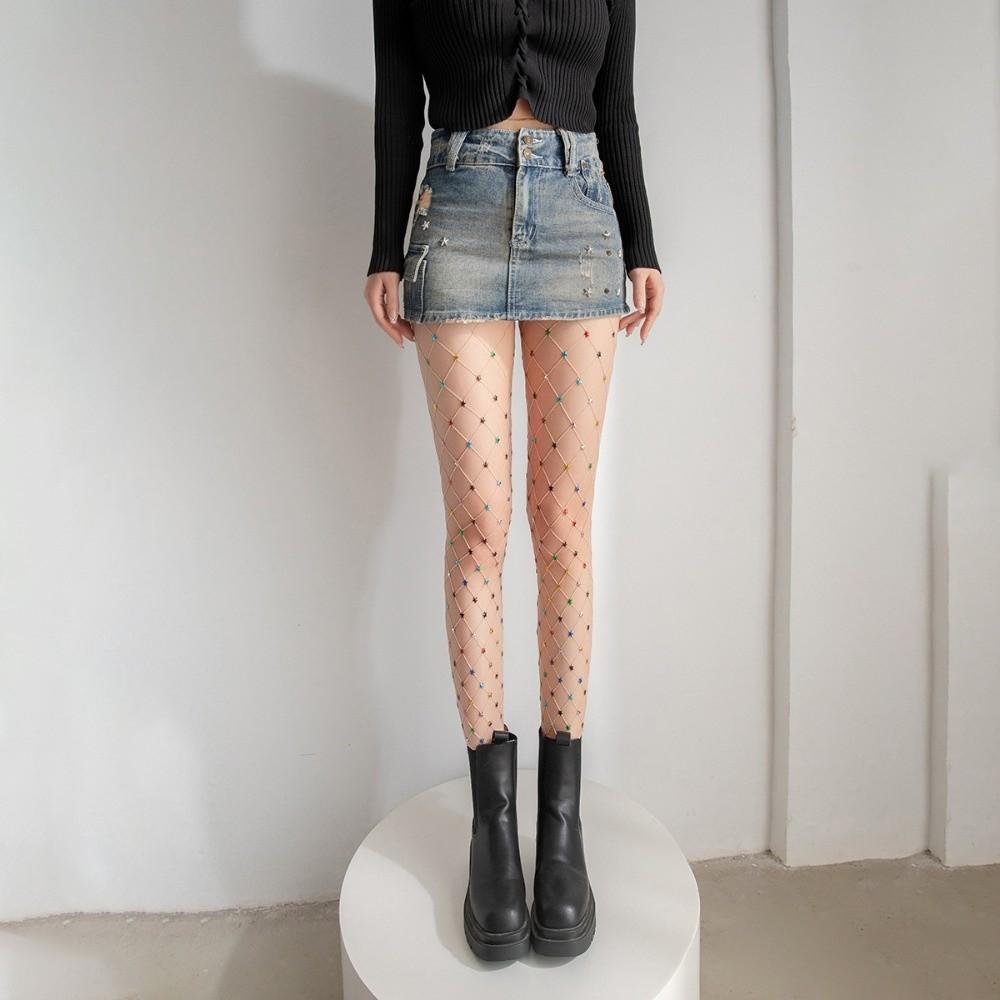 Large Mesh Rhinestone Star Pantyhose Y2K See-through Tights Colorful Fishnet Stockings  Dance
