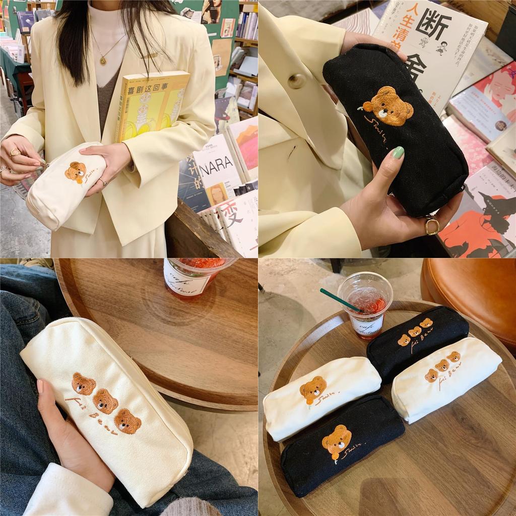 Cute Bear Embroidery Canvas Pencil Case Japanese Style Stationery Pouch Large Capacity Storage Bag
