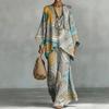 Casual print suit for women, bat-sleeved irregular top, drape wide-leg pants, two-piece set, one piece
