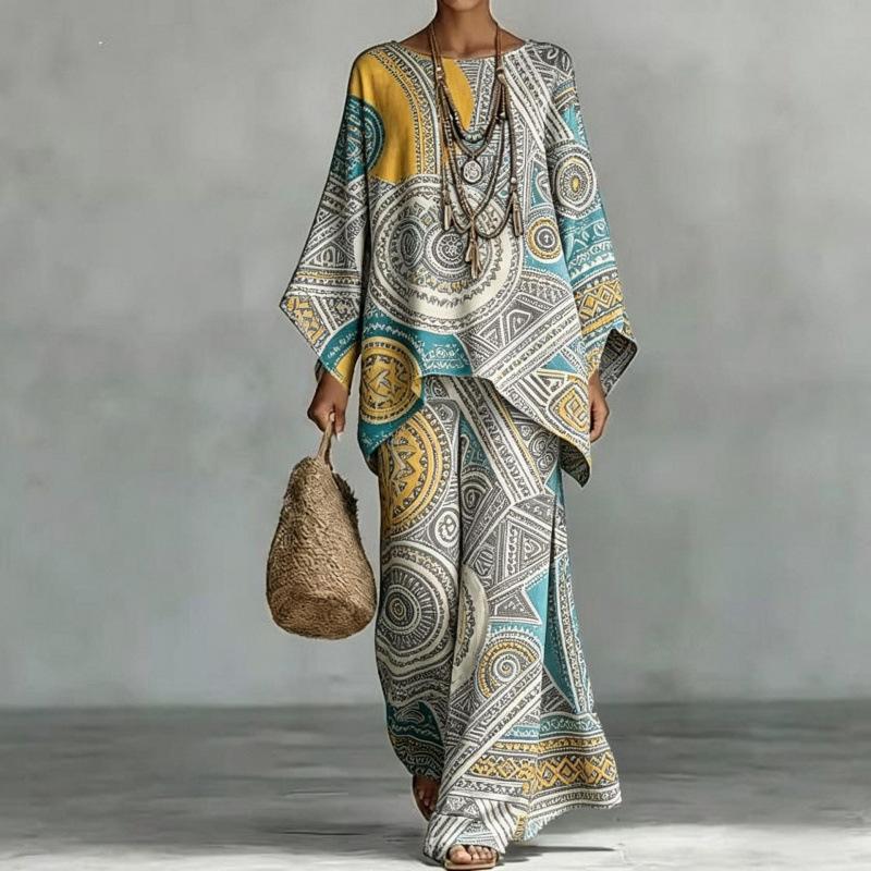 Casual print suit for women, bat-sleeved irregular top, drape wide-leg pants, two-piece set, one piece