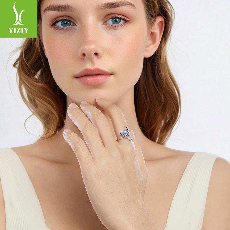 Blue Smart Butterfly Open Ring Girl, Niche High-End Light Luxury Ins Style Versatile Ring