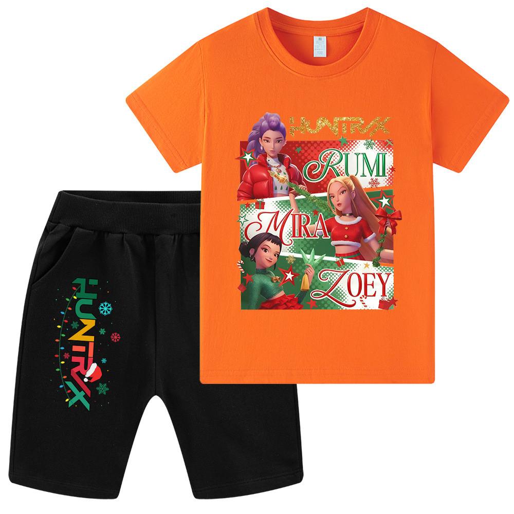 WA1264 Kids Boys Girls Kpop Rumi Zoey Mira Christmas Print Short Sleeves T-shirt Shorts Pants Sets