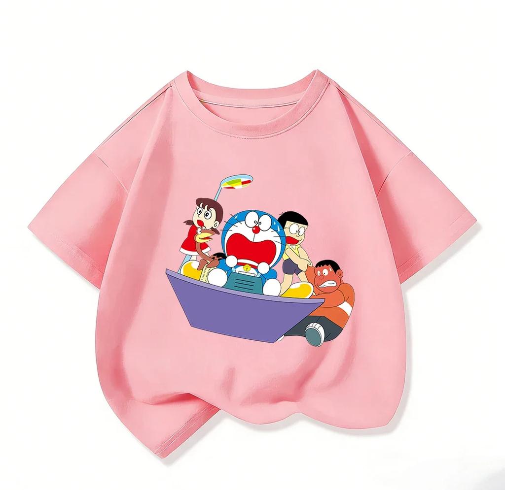 Lovely Boys Girls Crew Neck T Shirt Summer Kawaii Cartoon Print Cute Street Casual Wear Doraemon Kids Outfit 314Y