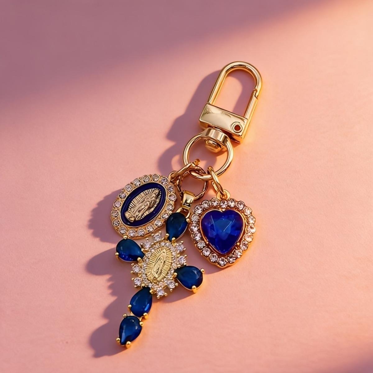 

1 Elegant Gold Cross Religious Keychain with Gemstones, Trendy Accessory for Parties & Holiday Gifts синій