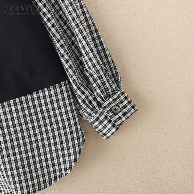 ZANZEA Damen Freizeit Rundhals Karomuster Patchwork Langarm Bluse