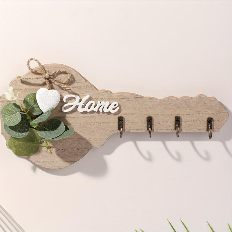 1PC Wooden "Home" Key Holder Wall Decor With Heart Embellishments And 4 Hooks - Stylish Modern Party Home Decor